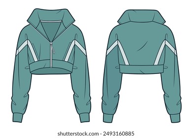 Zipped Sweatshirt technical fashion illustration. Cropped Jacket fashion flat technical drawing template, roll neck, oversized, front and back view, green color, women, men, unisex CAD mockup.