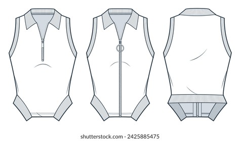 Ilustración de moda técnica superior con cremallera. Slim Fit Top de moda plana plantilla de dibujo técnico, cuello de polo, sin mangas, acanalado, vista frontal y posterior, blanco, conjunto de maquetas de CAD para mujer.