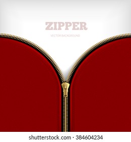 Zipper background blank with golden metallic half open zipper with black edging sewn to red fabric vector illustration