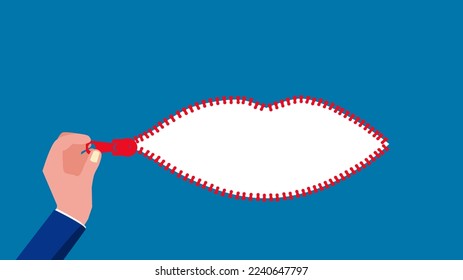 Zipper background. Open the zipper mouth by hand. vector illustration