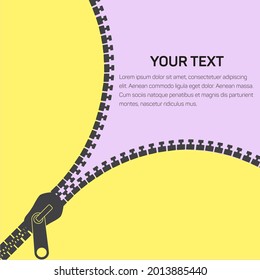 Zipper banner template. Open zipper. Empty poster for your design. Vector illustration.