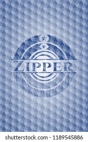 Zipper blue badge with geometric pattern.