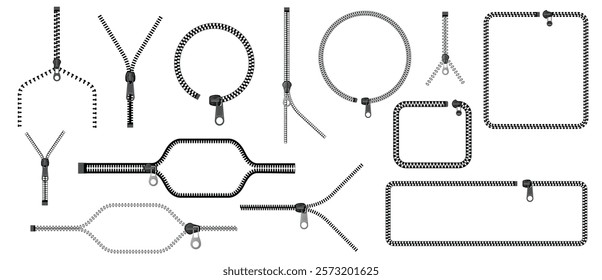 Zipper border. Tape with fastener teeth, open and closed clothing accessory, fashion design elements for pockets and bags. Vector set.