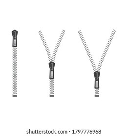 Zipper, geknöpft, verriegelt und entsperrt. einzeln auf weißem Hintergrund