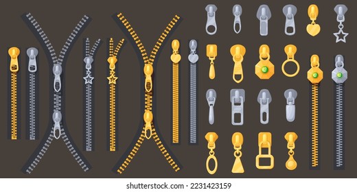 Zipper clasp. Zippers slider for leather textile or clothes buckle, metallic gold or silver zip pull, lock fastener dress puller jeans cloth accessories, neat vector illustration of zip textile svg
