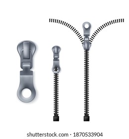 Zipper. Closed and open zip set. Vector illustration isolated on white background