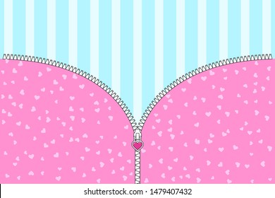 zipper with a cute heart. Pink and blue girly colors. template for invitation, banner, poster, present. girls party. cartoon doll surprise style. vector illustration