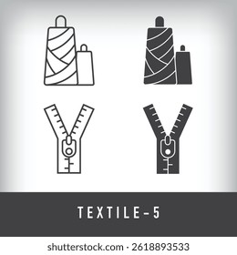 Zíper, bordados, fio e desenhos têxteis. Simples linear e plano conjunto de ícones de arte artística.