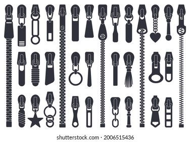 Reißverschlüsse. Reißverschluss-Seidenzieher, Reißverschluss, Reißverschluss, Reißverschluss, Reißverschlüsse einzeln auf Vektorgrafik. Nähen von Reißverschlusselementen. Kleidung und Taschen für verschiedene Accessoires