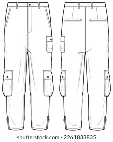Zipper Hem Cargo Pant  Pocket Trouser  Front   Back View  Fashion Illustration  Vector  CAD  Technical Drawing  Flat Drawing  Template  Mockup 	
