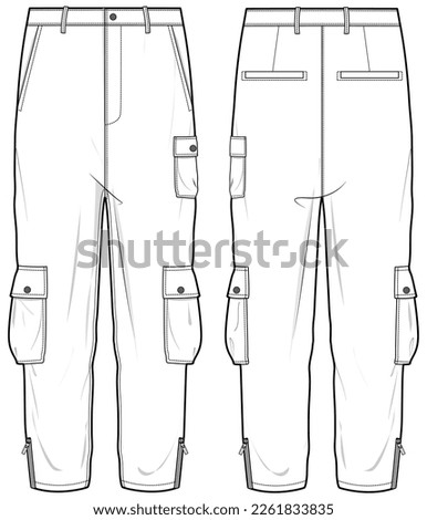 Zipper Hem Cargo Pant, Pocket Trouser  Front and Back View. Fashion Illustration, Vector, CAD, Technical Drawing, Flat Drawing, Template, Mockup.	