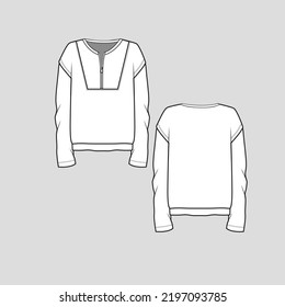 Zipper Henley Neck t shirt top Drop Shoulder long Sleeve Fashion Design  template cad  flat sketch drawing