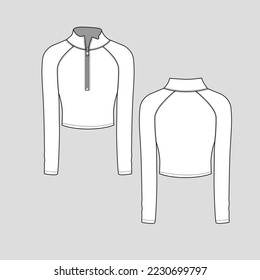 Zipper High Neck raglan Sleeve Crop top Half Open Zip detail Long Sleeve  fashion flat sketch technical template technical drawing vector