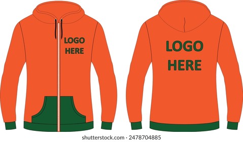 Zipper hoodie mockup with contrast ribbed at bottom Flat tech pack