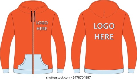 Zipper hoodie mockup with contrast ribbed at bottom Flat tech pack