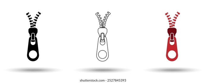 Icono de la cremallera. Icono de la cremallera en un fondo blanco, aislado. El ícono tiene tres usos en aplicaciones y Sitios web. Ilustración vectorial. Icono de la cremallera en un fondo blanco.