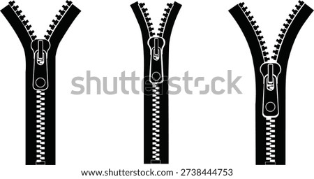 Zipper icon set with open and closed zip fastener design