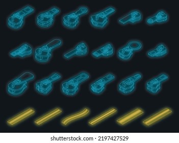 Zipper icons set. Isometric set of zipper vector icons neon color on black