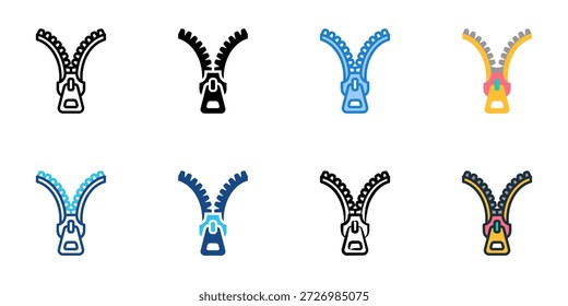Zipper icons set multiple style collection. Editable stroke 
