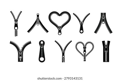 Zipper Icons Set Sewing Fastener Collection Black Vector Silhouettes