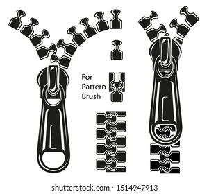 Zipper kit. Segments and sliders constructor and brush template. Vector black symbols for clothes design isolated.