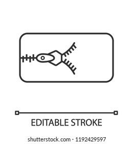 Icono lineal del cierre. Ilustración de línea delgada. Tapa extraíble del colchón con cierre de cremallera. Fijador de deslizamiento. Símbolo de contorno. Dibujo de contorno aislado del vector. Trazo editable