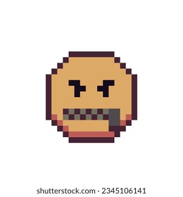 Zipper lips angry evil smiley. Mouth on lock. Pixel art icon. 8-bit style. Isolated abstract vector illustration. Cartoon character. Smiling emoticon. Facial expression. 
