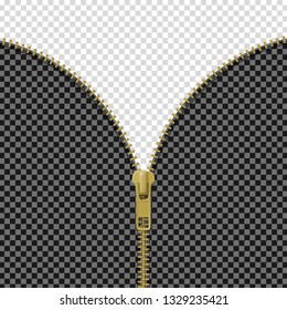 Zipper lock half open, blank mockup, revealing a message or content discovery concept on transparent background. Realistic vector illustration