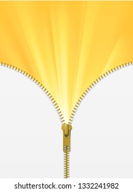 Zipper lock half open, revealing yellow sun rays, discovery concept, with blank white space. Realistic vector illustration