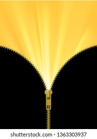 Zipper lock half open, revealing yellow sun rays, discovery concept, with blank black space. Realistic vector illustration