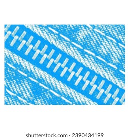 Zipper with metal teeth on denim fabric close-up, from blue circle dots of different sizes on white background