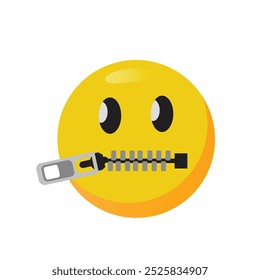 Emoji de boca con cremallera. Vector de emoticono secreto. Cara amarilla con ojos abiertos y cremallera metálica cerrada para la boca.