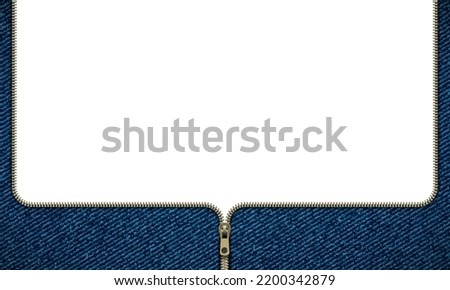 Zipper on a denim background. Template with copy space isolated on a white background. Vector illustration.