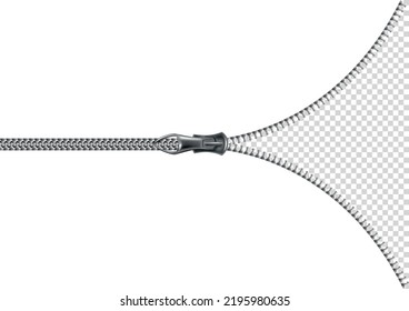 Zipper open background. Half opened flat isolated metalic zipper on transparent background. Accessory or clothes element. Vector design illustration