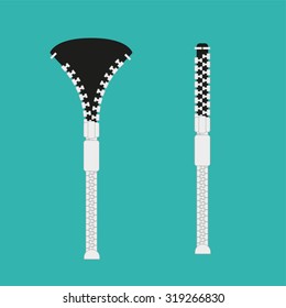 Zipper in the open and closed on a turquoise  background