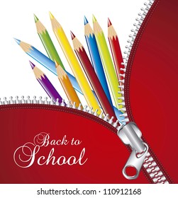 zipper over colored pencils, back to school. vector illlustration