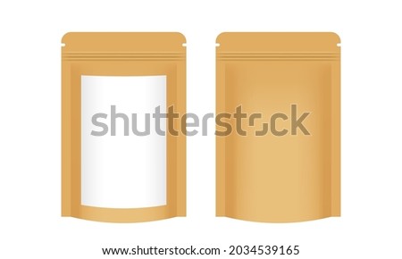 zipper paper bag brown packaging with white label, coffee bag paper kraft brown, paper bag for mock-up branding and food product packaging, 3d illustration