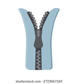 Una cremallera parcialmente abierta que muestra el deslizador y los dientes entrelazados en la tela azul que representa el detalle textil del sujetador de la ropa y el accesorio de moda en un diseño moderno limpio