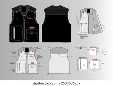 Zipper Pocket Cargo Vest, Casual Street vetor techspec