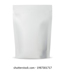 Zipper pouch. Plastic coffee bag mock up, foil pack blank on white. Isolated tea packet illustration. Realistic flex sachet, pasta or flower wrap