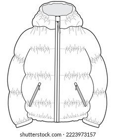 zipper up puffer bomber jacket flat sketch vector illustration. unisex winter wear jacket technical cad drawing template.