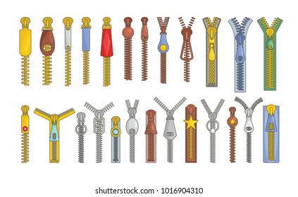 Zipper puller lock icons set. Cartoon illustration of 32 zipper puller button lock vector icons for web