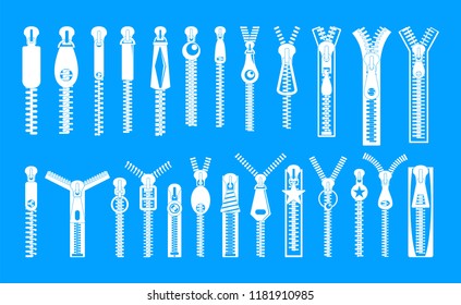 Zipper puller lock icons set. Simple illustration of 32 zipper puller button lock vector icons for web