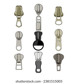 zipper puller set cartoon. accessories bag, fashion fasteners, line textile zipper puller sign. isolated symbol vector illustration