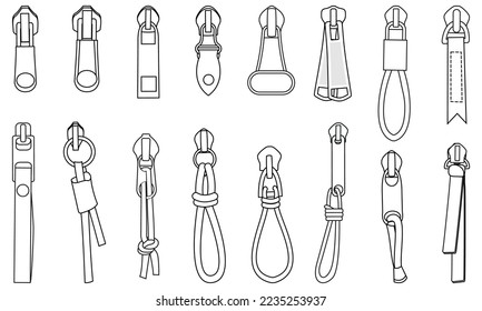 zipper pullers vector illustration zip heads, zipper sliders flat sketch