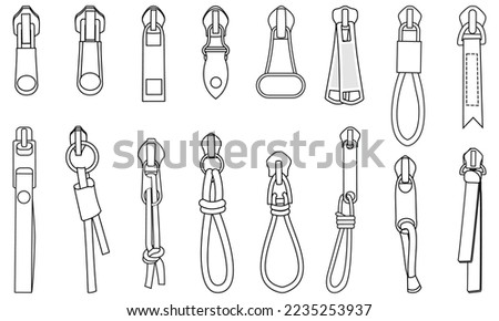 zipper pullers vector illustration zip heads, zipper sliders flat sketch