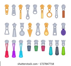 Zipper Pulls. Isolated Tailor Puller, Close Clasp. Pants Cloth Details, Flat Accessories For Fashion Backpack, Luggage Sportswear Vector Set