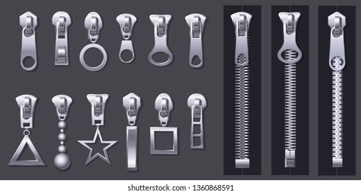 Zipper pulls. Metal zippers and fabric pull, cloth clasp and clothing zipper. Textile zip, fabrics zippers fastener or clothing plastic unzip. Isolated 3d realistic vector symbols set