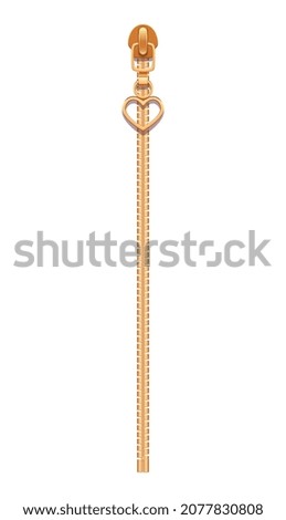 Zipper realistic composition with isolated image of golden fastener with heart shaped zip slider vector illustration