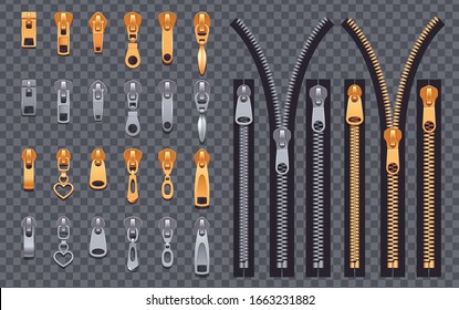 Zipper realistic set of isolated silver and golden slide fastener elements on transparent background with sliders vector illustration